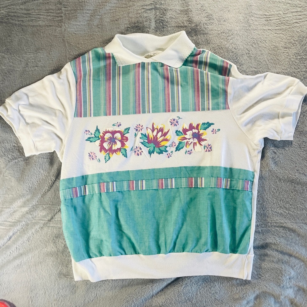 Vintage 90s‎ Pastel Stripe Floral Short Sleeve Sweatshirt Cottagecore Size Large